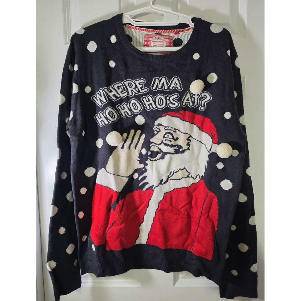 Runway Boulevard Santa Ugly Christmas Sweater XL Ho Ho Ho Black Pom Pom